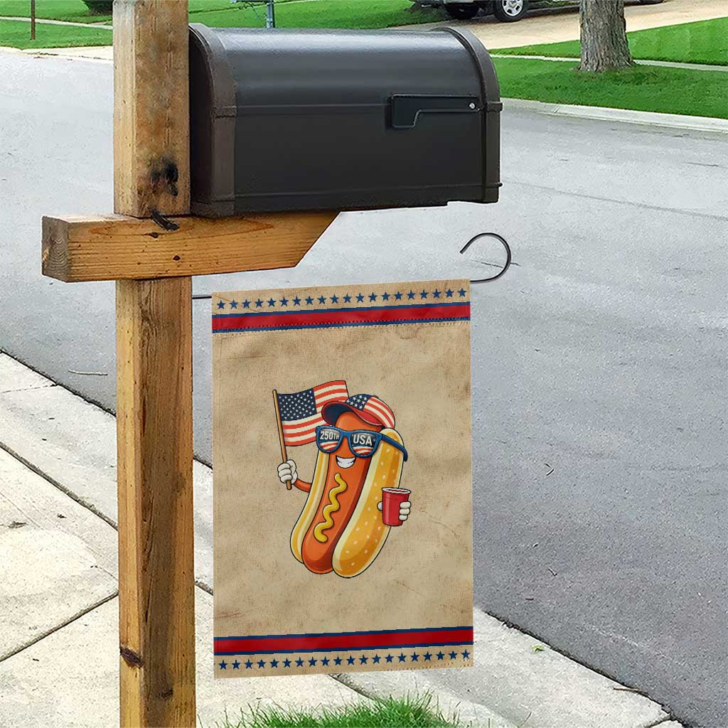 Funny Patriotic Hotdog Garden Flag USA 250th Anniversary