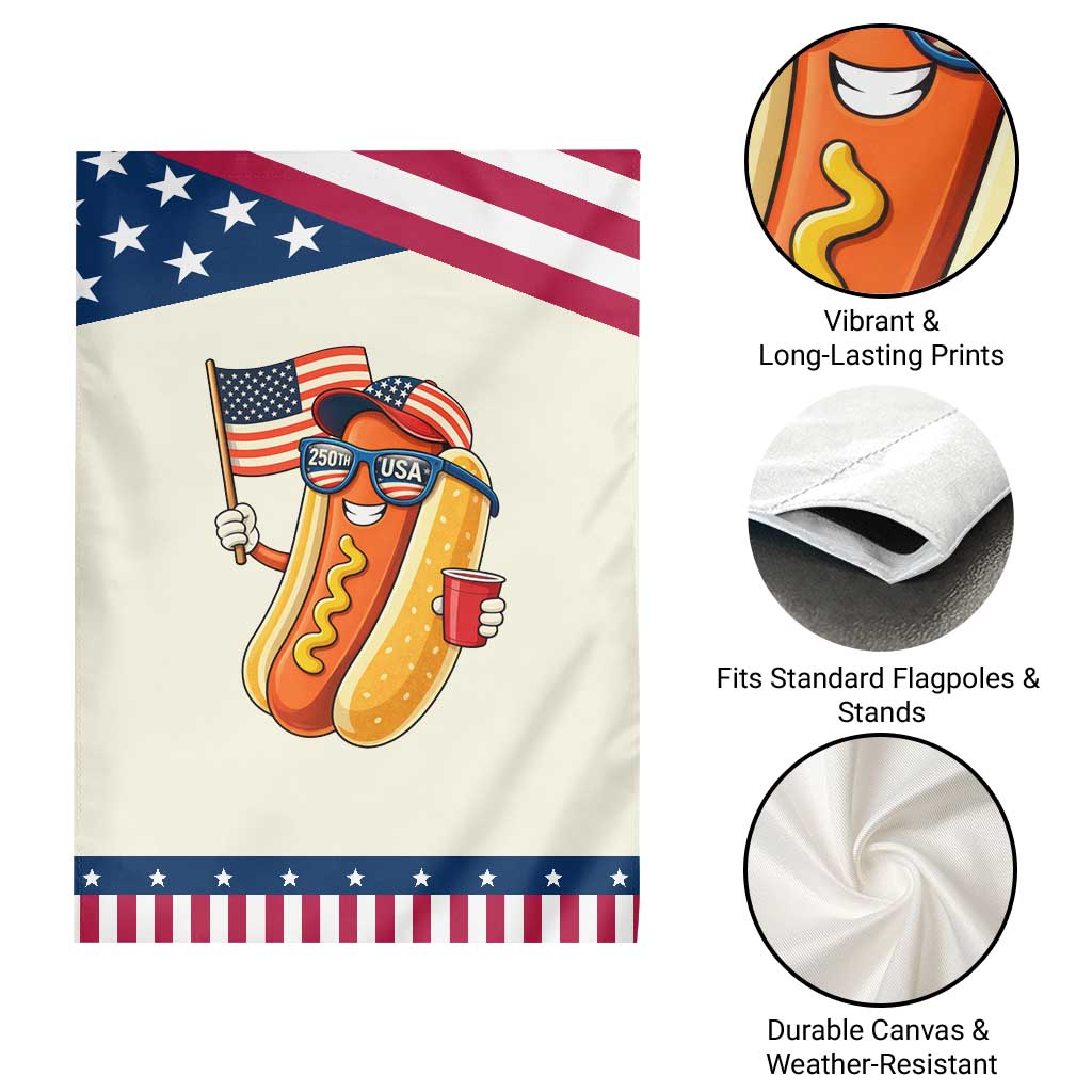 Funny Patriotic Hotdog Garden Flag USA 250th Anniversary