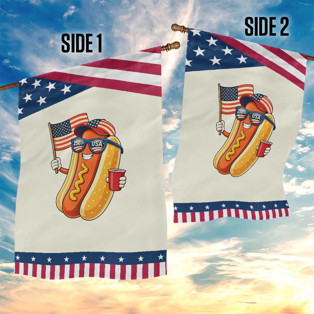 Funny Patriotic Hotdog Garden Flag USA 250th Anniversary