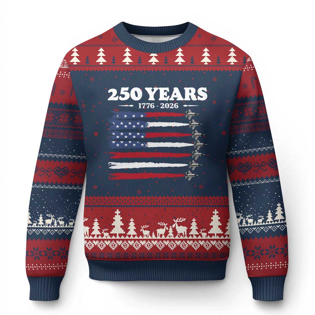 American Flag Fighter Jets Ugly Christmas Sweater USA 250 Years Of Freedom