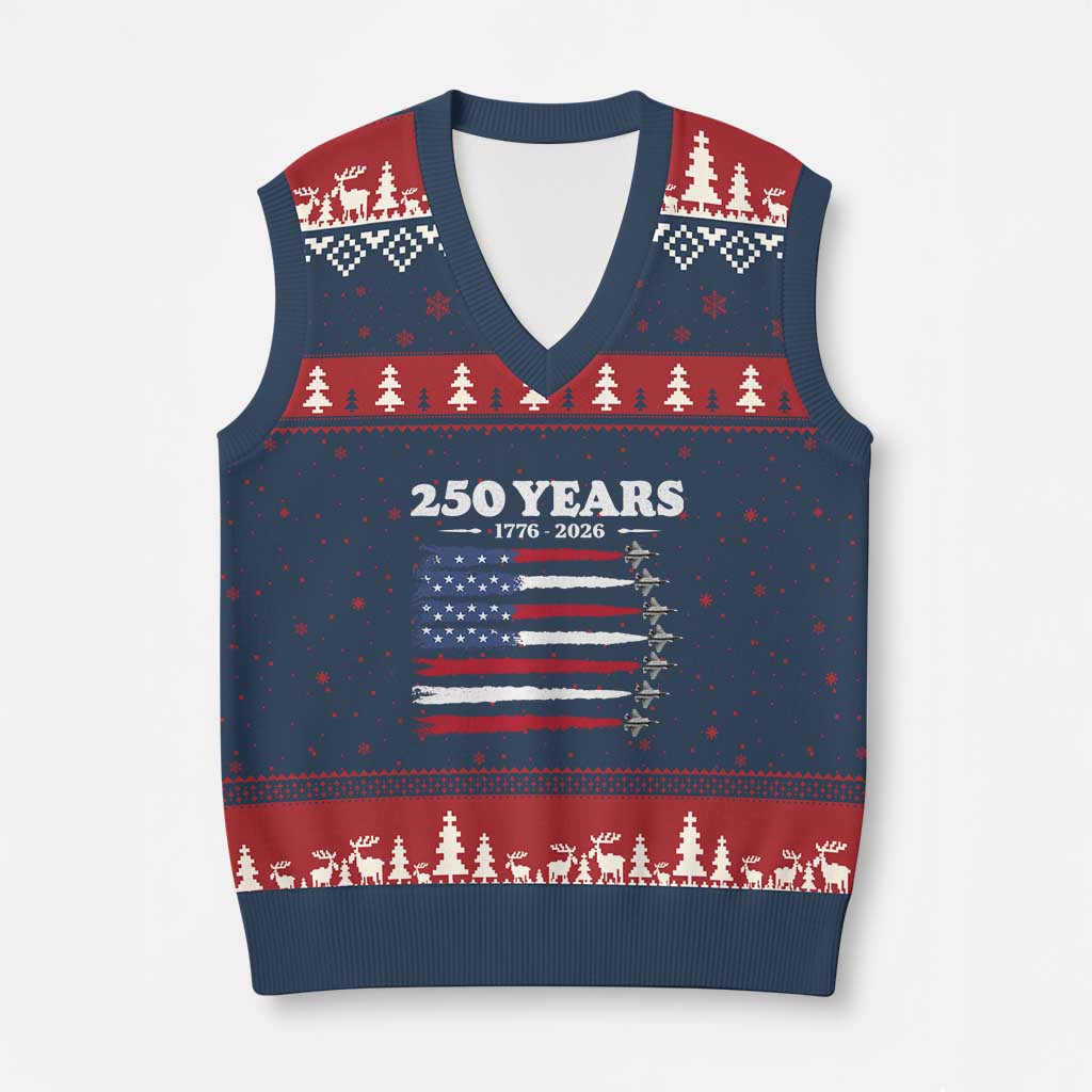 American Flag Fighter Jets V-Neck Knit Sweater Vest USA 250 Years Of Freedom
