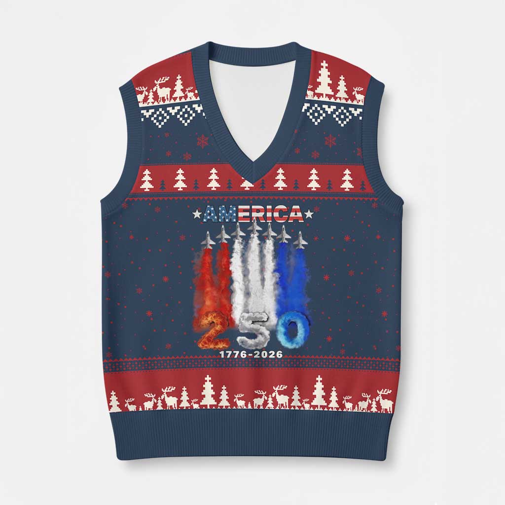 Patriotic Fighter Jets V-Neck Knit Sweater Vest USA 250 Years Of Freedom