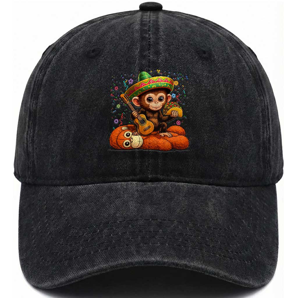 Cute Punch Baby Monkey Cinco De Mayo Washed Cotton Baseball Cap Funny Animal Gift