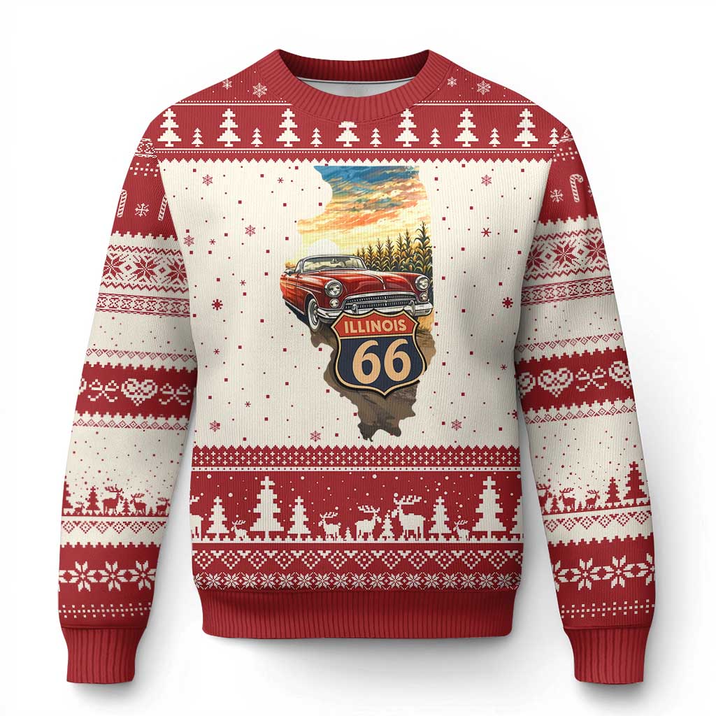 Route Highway 66 Illinois State Pride Ugly Christmas Sweater Mother Road Travel Gift