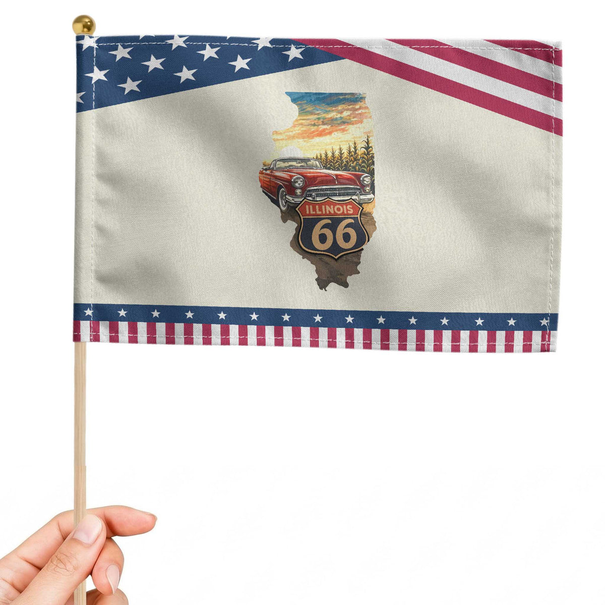 Route Highway 66 Illinois State Pride Patriotic Handheld Flag Mother Road Travel Gift