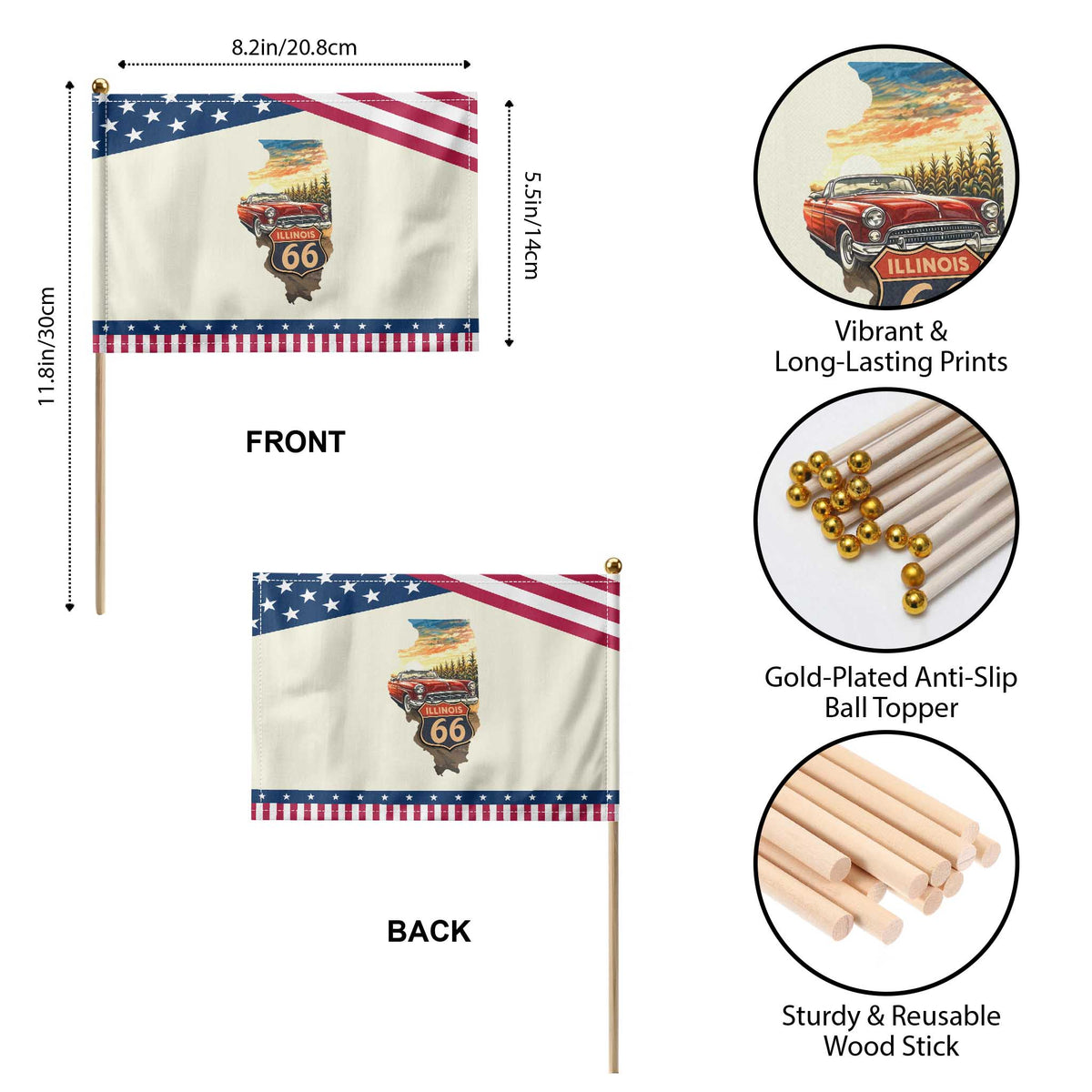 Route Highway 66 Illinois State Pride Patriotic Handheld Flag Mother Road Travel Gift