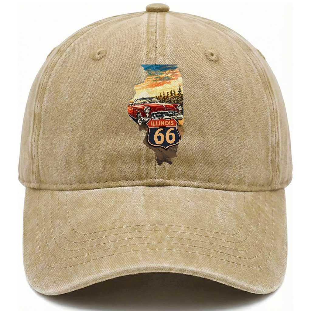 Route Highway 66 Illinois State Pride Washed Cotton Baseball Cap Mother Road Travel Gift