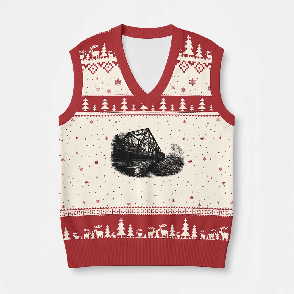 Mother Road Adventure Graphic V-Neck Knit Sweater Vest Vintage Route Highway 66 Bridge