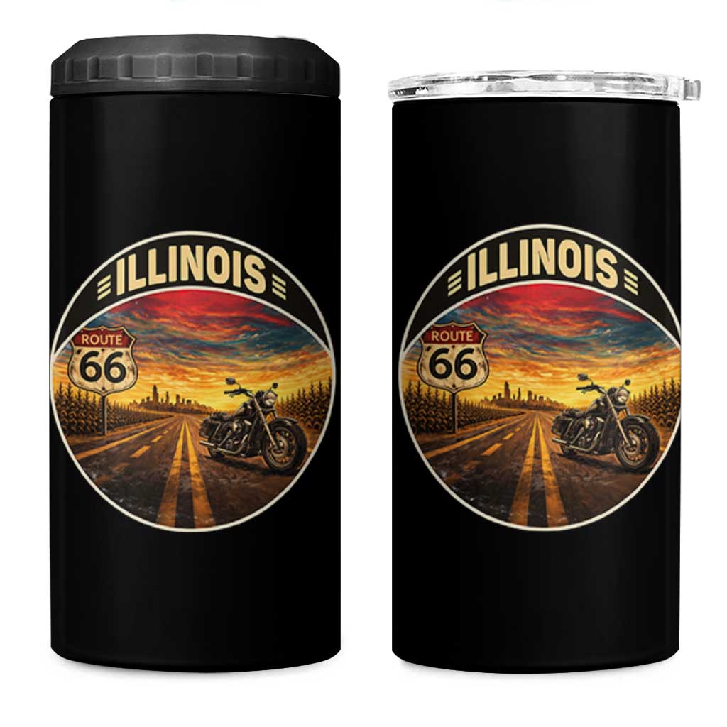 Illinois Route Highway 66 Motorcycle 4 in 1 Can Cooler Tumbler Road Trip Adventure