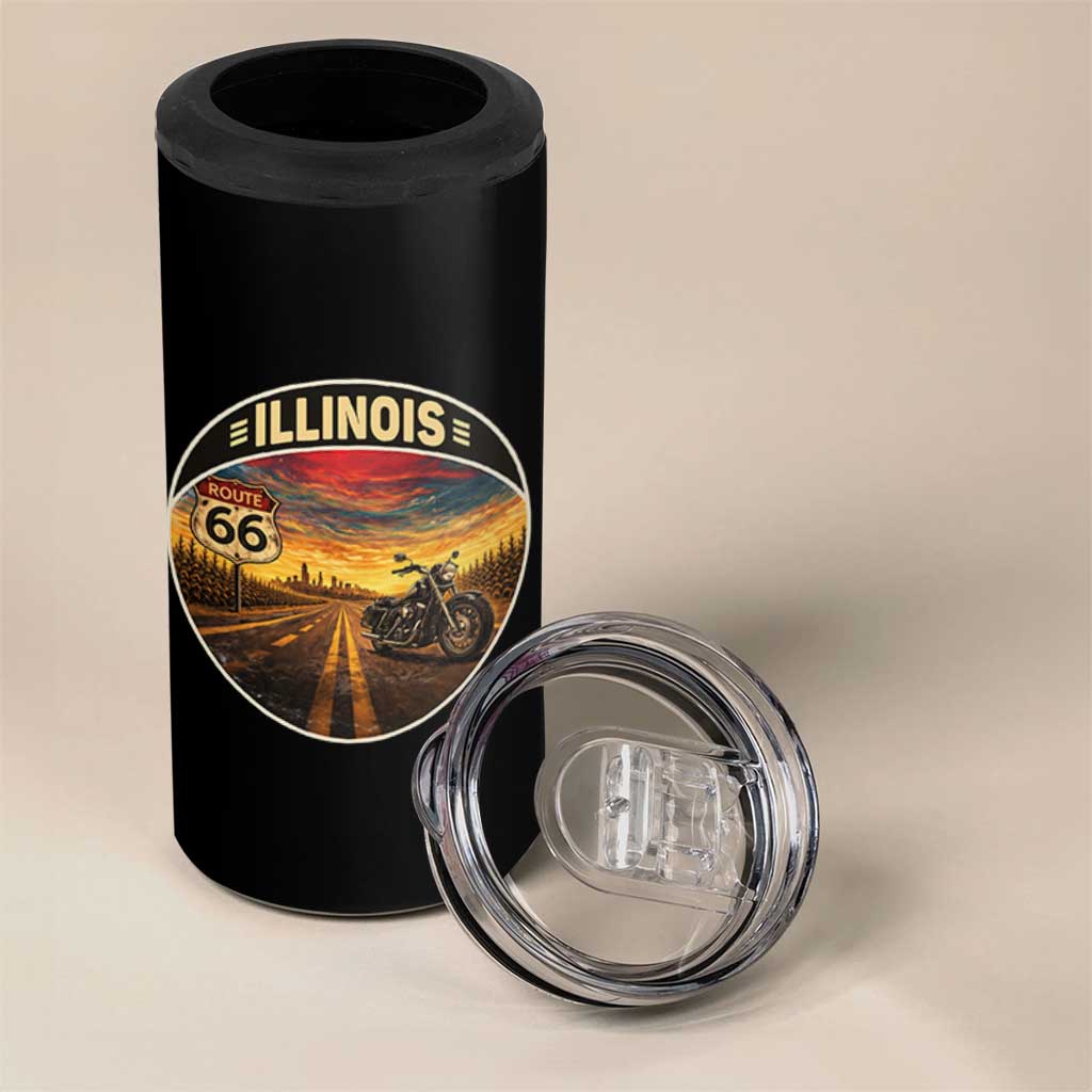 Illinois Route Highway 66 Motorcycle 4 in 1 Can Cooler Tumbler Road Trip Adventure