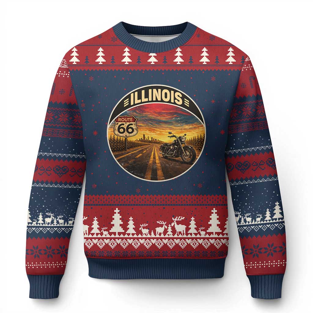 Illinois Route Highway 66 Motorcycle Ugly Christmas Sweater Road Trip Adventure