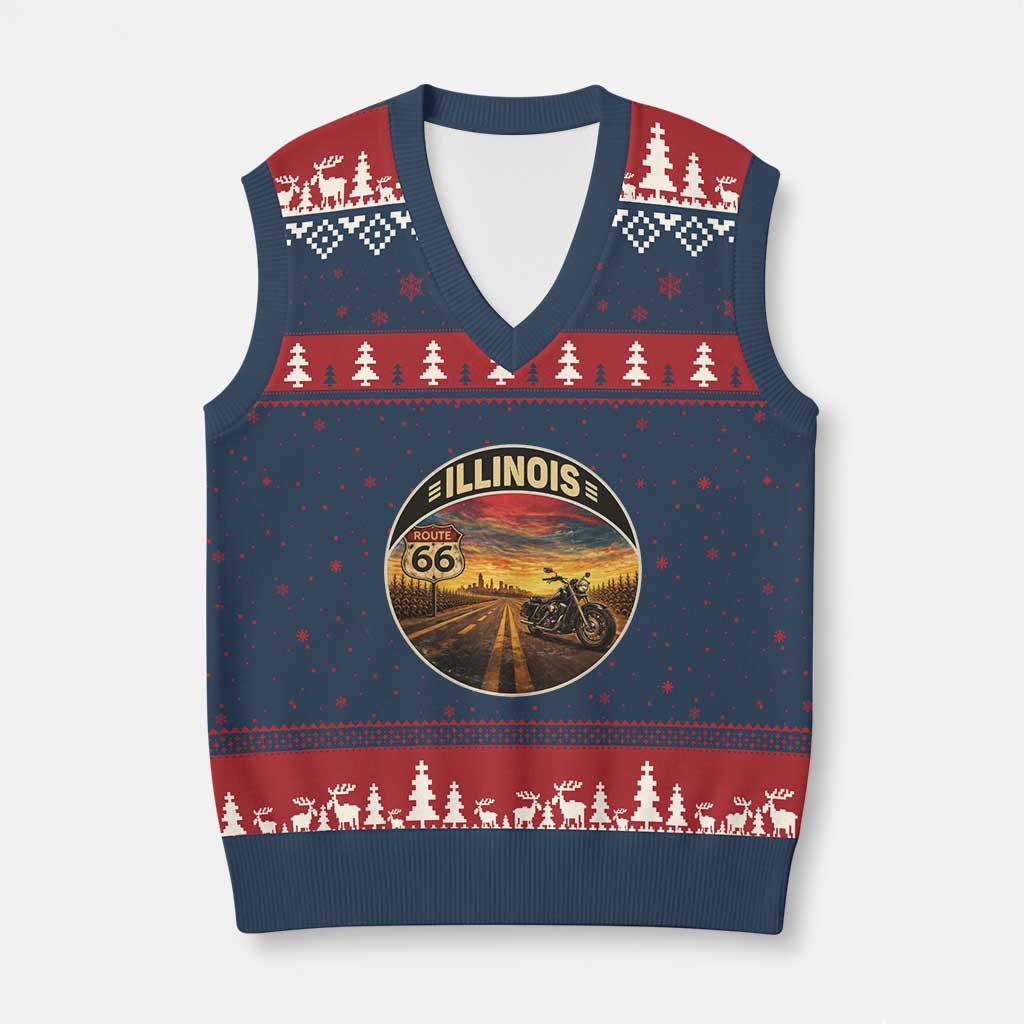 Illinois Route Highway 66 Motorcycle V-Neck Knit Sweater Vest Road Trip Adventure