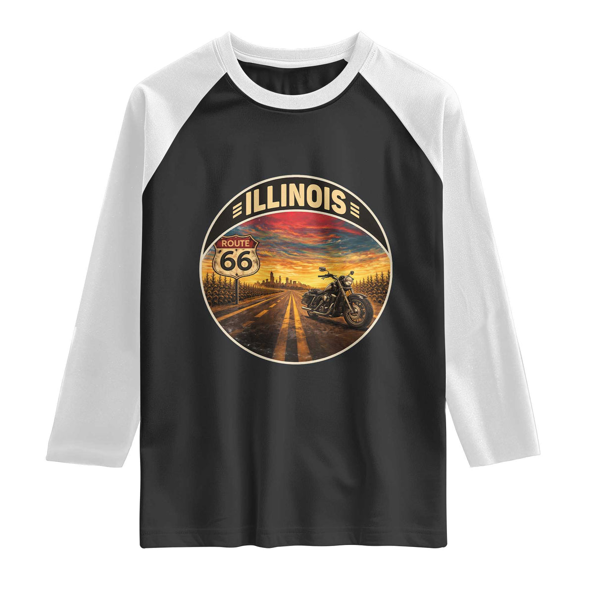 Illinois Route Highway 66 Motorcycle Raglan Shirt Road Trip Adventure