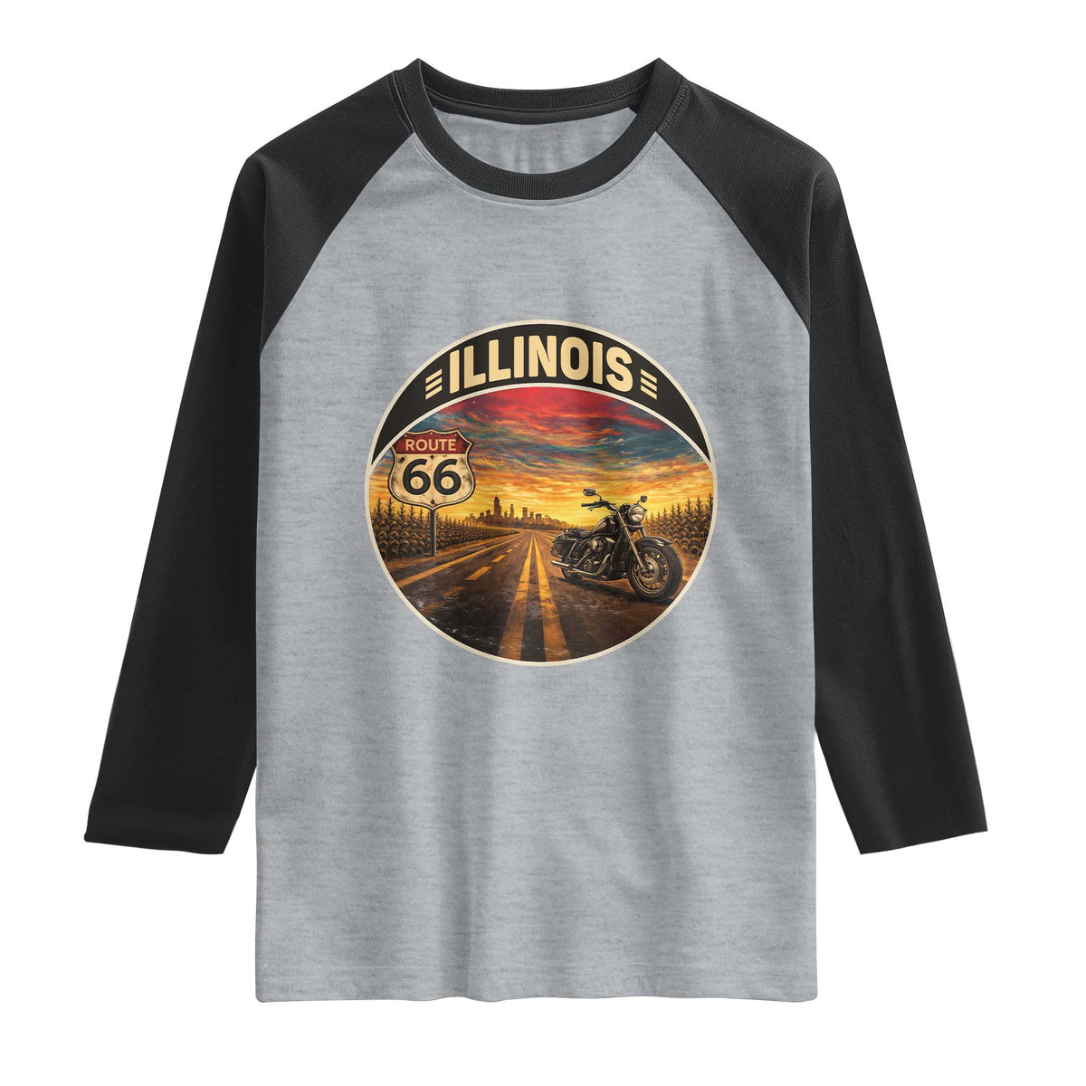 Illinois Route Highway 66 Motorcycle Raglan Shirt Road Trip Adventure
