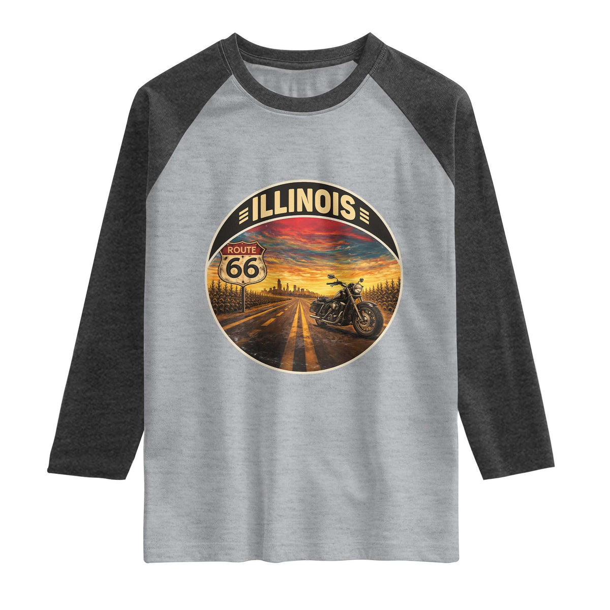 Illinois Route Highway 66 Motorcycle Raglan Shirt Road Trip Adventure