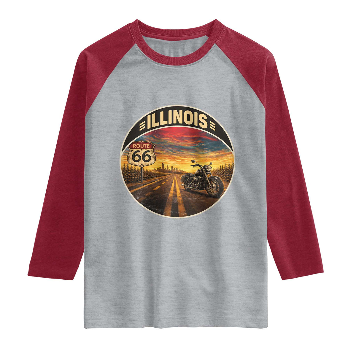 Illinois Route Highway 66 Motorcycle Raglan Shirt Road Trip Adventure