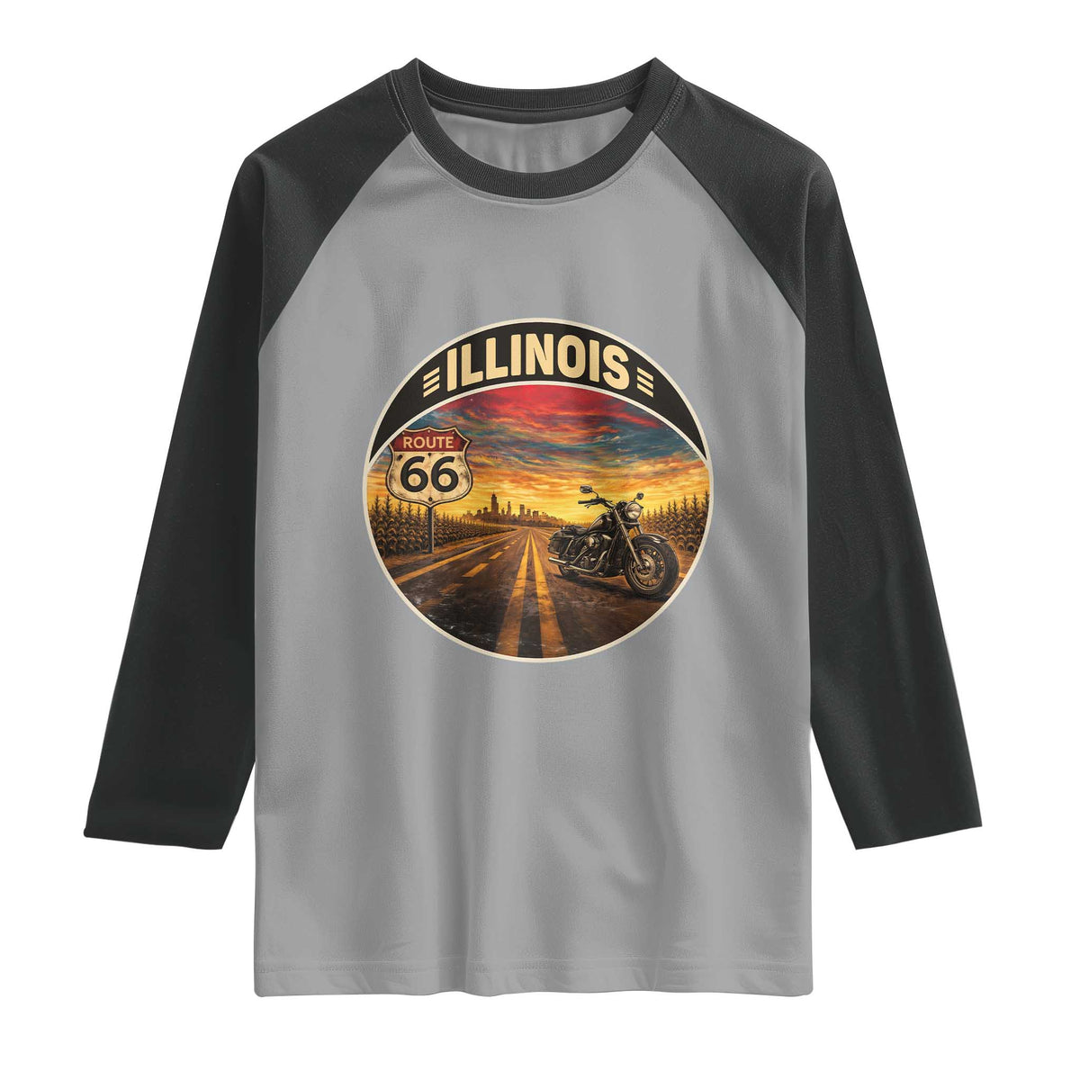 Illinois Route Highway 66 Motorcycle Raglan Shirt Road Trip Adventure