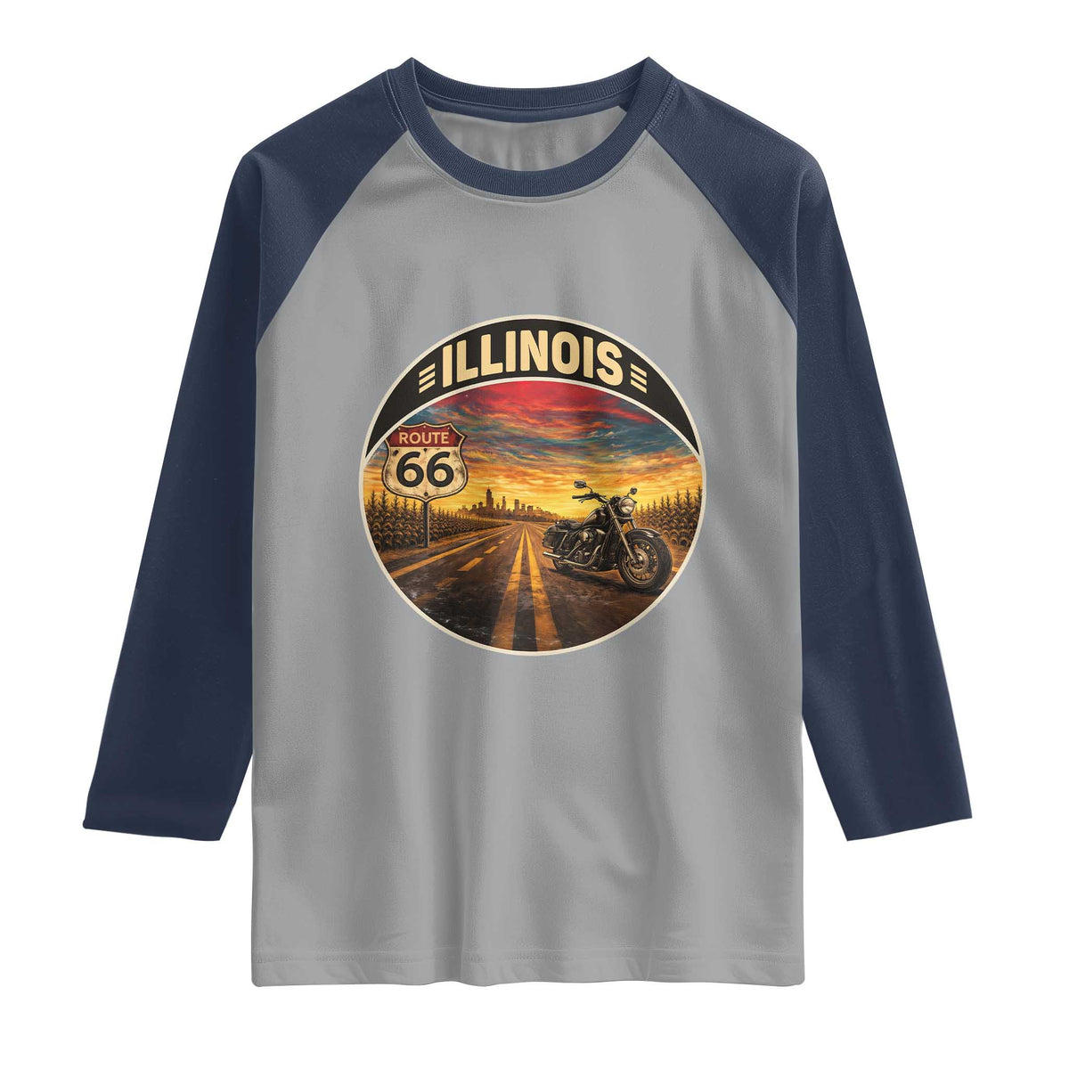 Illinois Route Highway 66 Motorcycle Raglan Shirt Road Trip Adventure