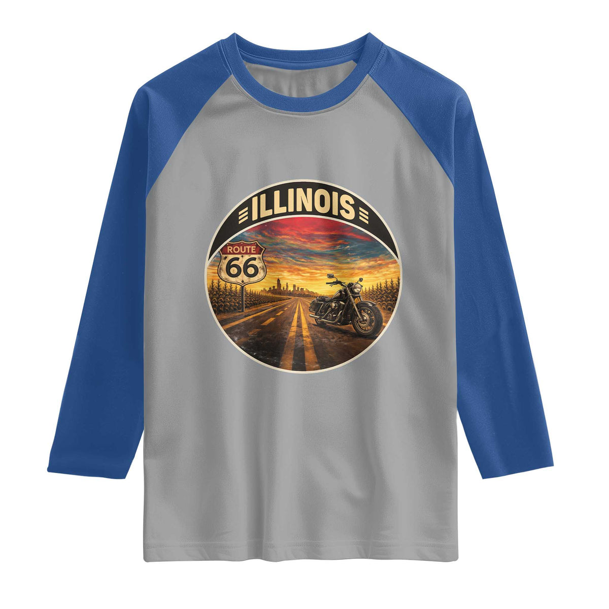 Illinois Route Highway 66 Motorcycle Raglan Shirt Road Trip Adventure