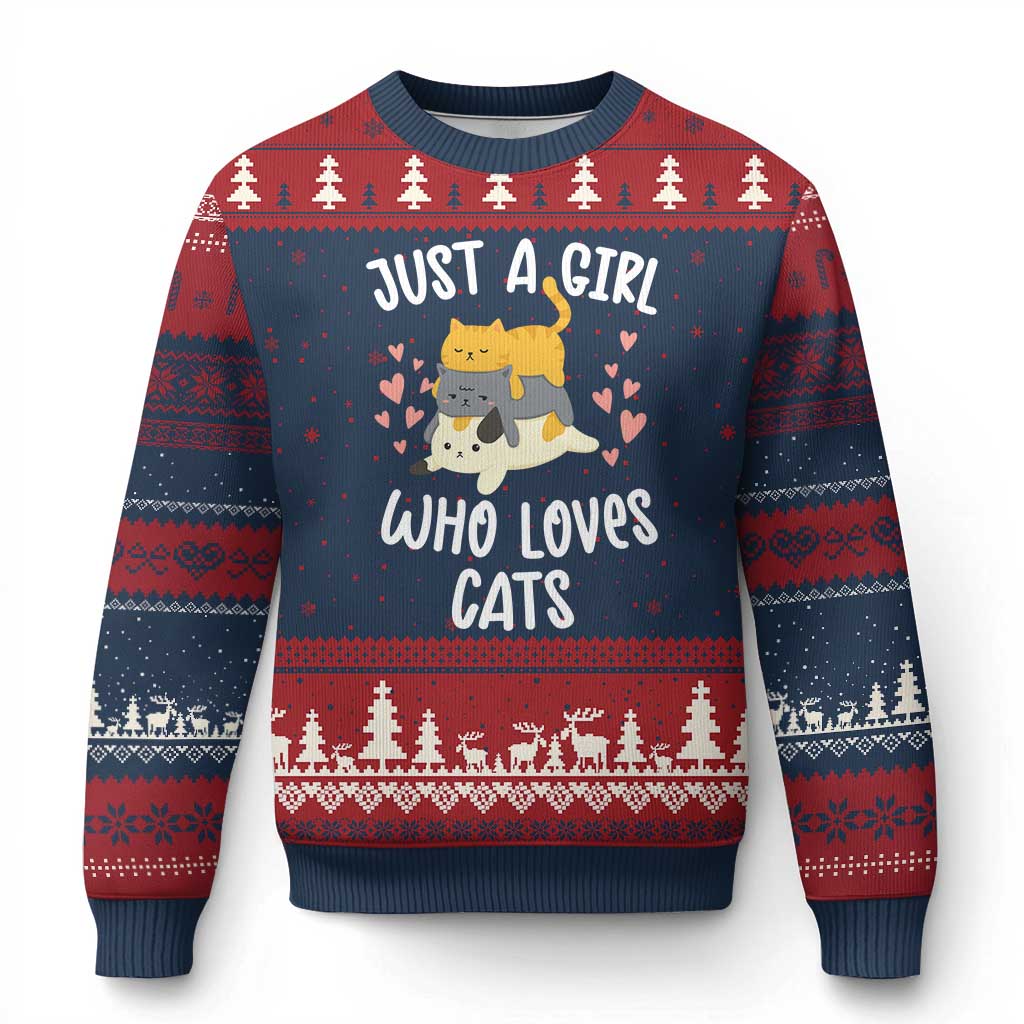 Just A Girl Who Loves Cats Ugly Christmas Sweater Cute Kittens Pet Lover - Wonder Print Shop