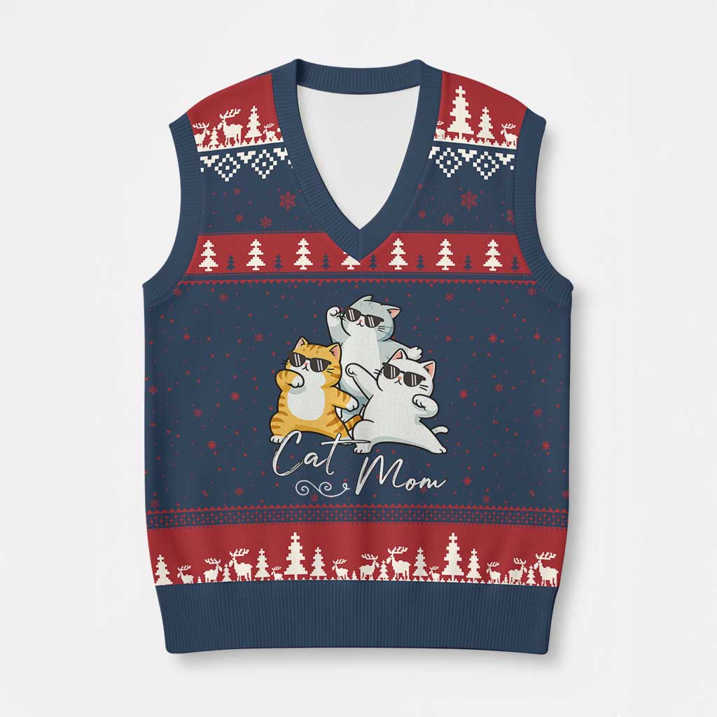 Cat Mom V-Neck Knit Sweater Vest Three Cool Cats with Sunglasses - Wonder Print Shop