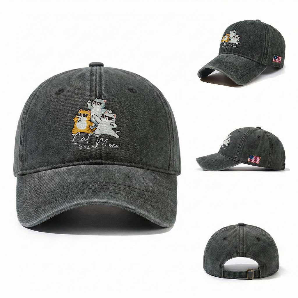 Cat Mom Washed Cotton Baseball Cap Three Cool Cats with Sunglasses