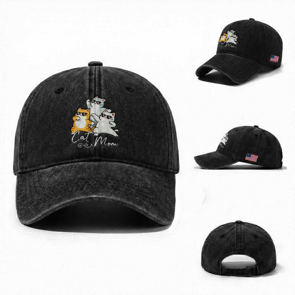 Cat Mom Washed Cotton Baseball Cap Three Cool Cats with Sunglasses