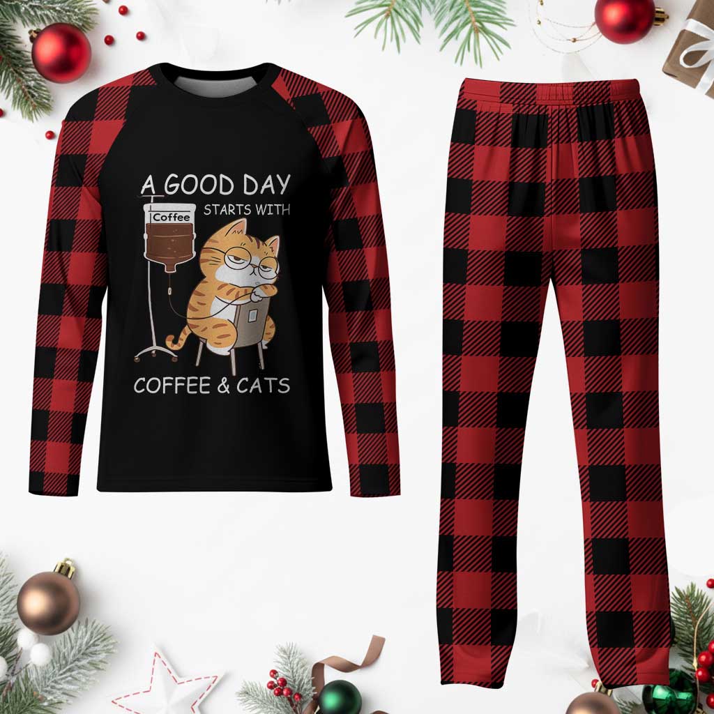 A Good Day Starts With Coffee And Cats Plaid Pajama Set Funny Purrfect Morning - Wonder Print Shop