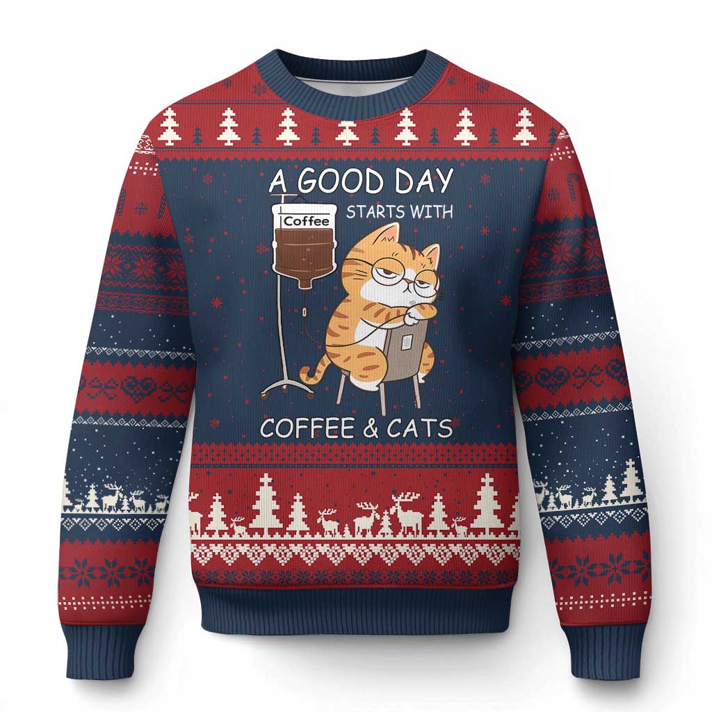 A Good Day Starts With Coffee And Cats Ugly Christmas Sweater Funny Purrfect Morning - Wonder Print Shop