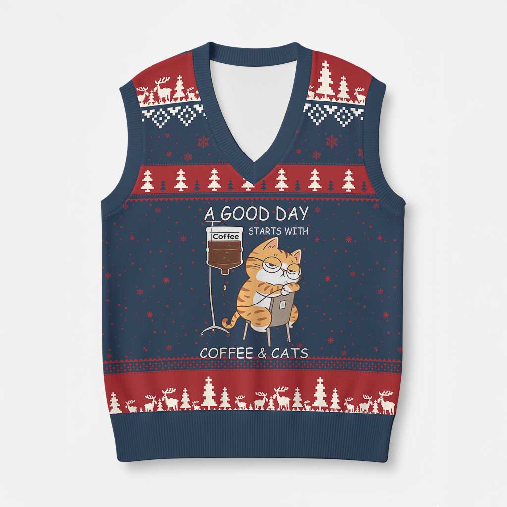 A Good Day Starts With Coffee And Cats V-Neck Knit Sweater Vest Funny Purrfect Morning - Wonder Print Shop