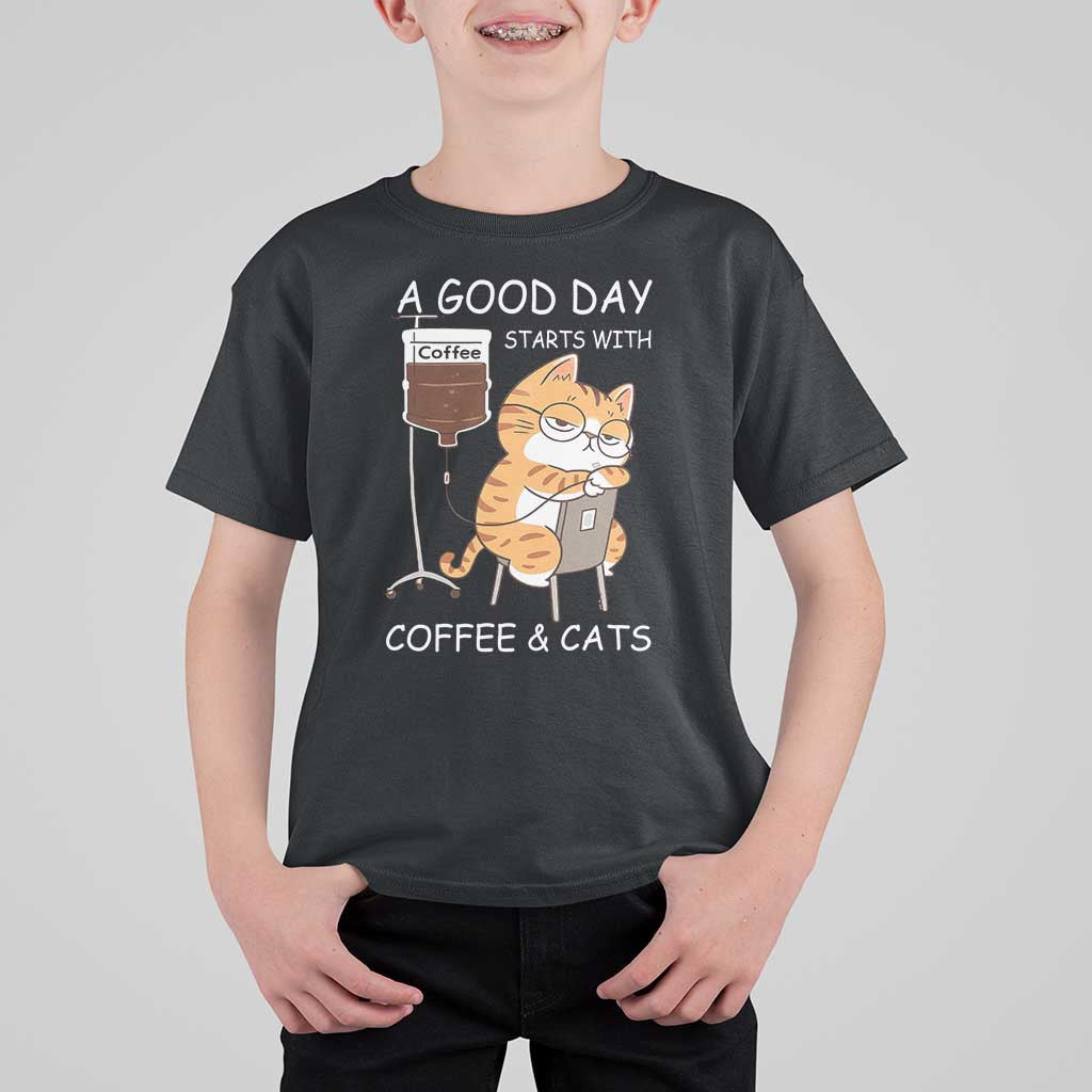A Good Day Starts With Coffee And Cats T Shirt For Kid Funny Purrfect Morning - Wonder Print Shop