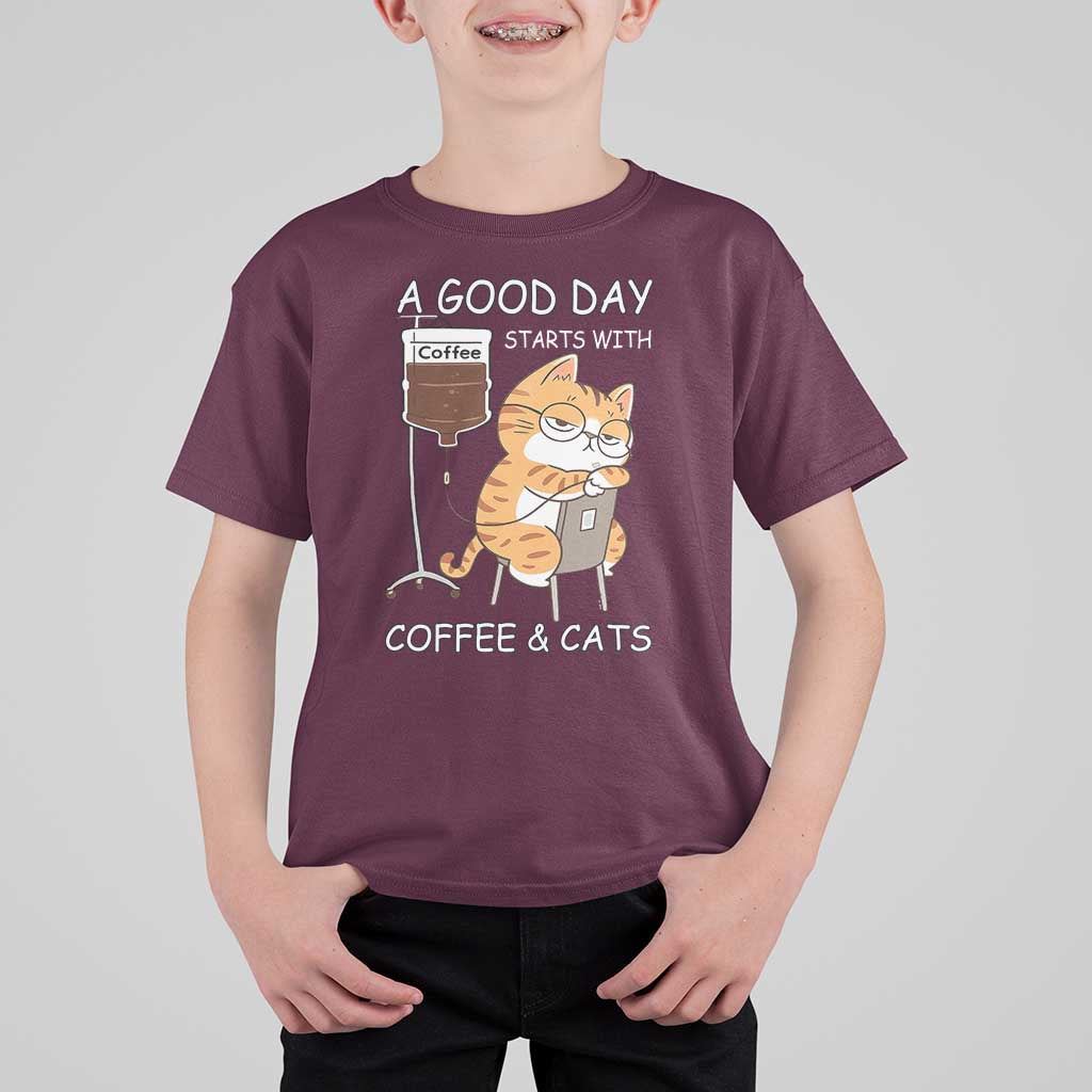 A Good Day Starts With Coffee And Cats T Shirt For Kid Funny Purrfect Morning - Wonder Print Shop