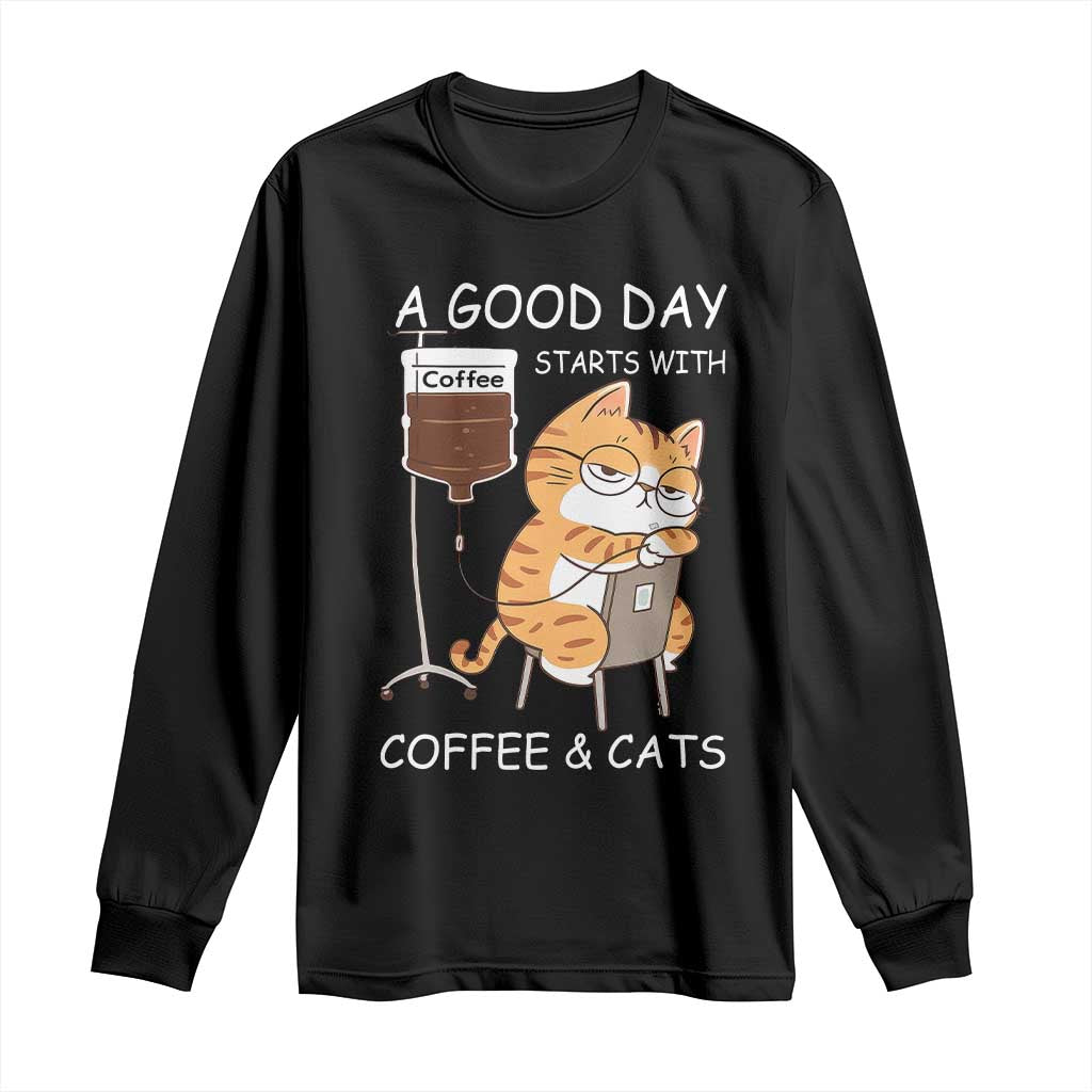 A Good Day Starts With Coffee And Cats Long Sleeve Shirt Funny Purrfect Morning - Wonder Print Shop