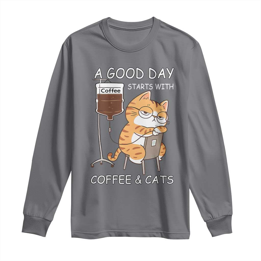 A Good Day Starts With Coffee And Cats Long Sleeve Shirt Funny Purrfect Morning - Wonder Print Shop
