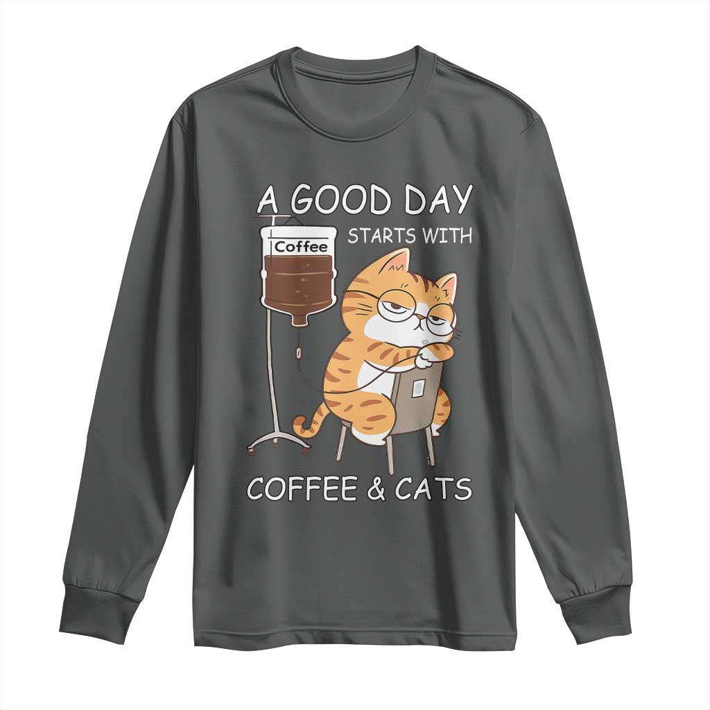 A Good Day Starts With Coffee And Cats Long Sleeve Shirt Funny Purrfect Morning - Wonder Print Shop
