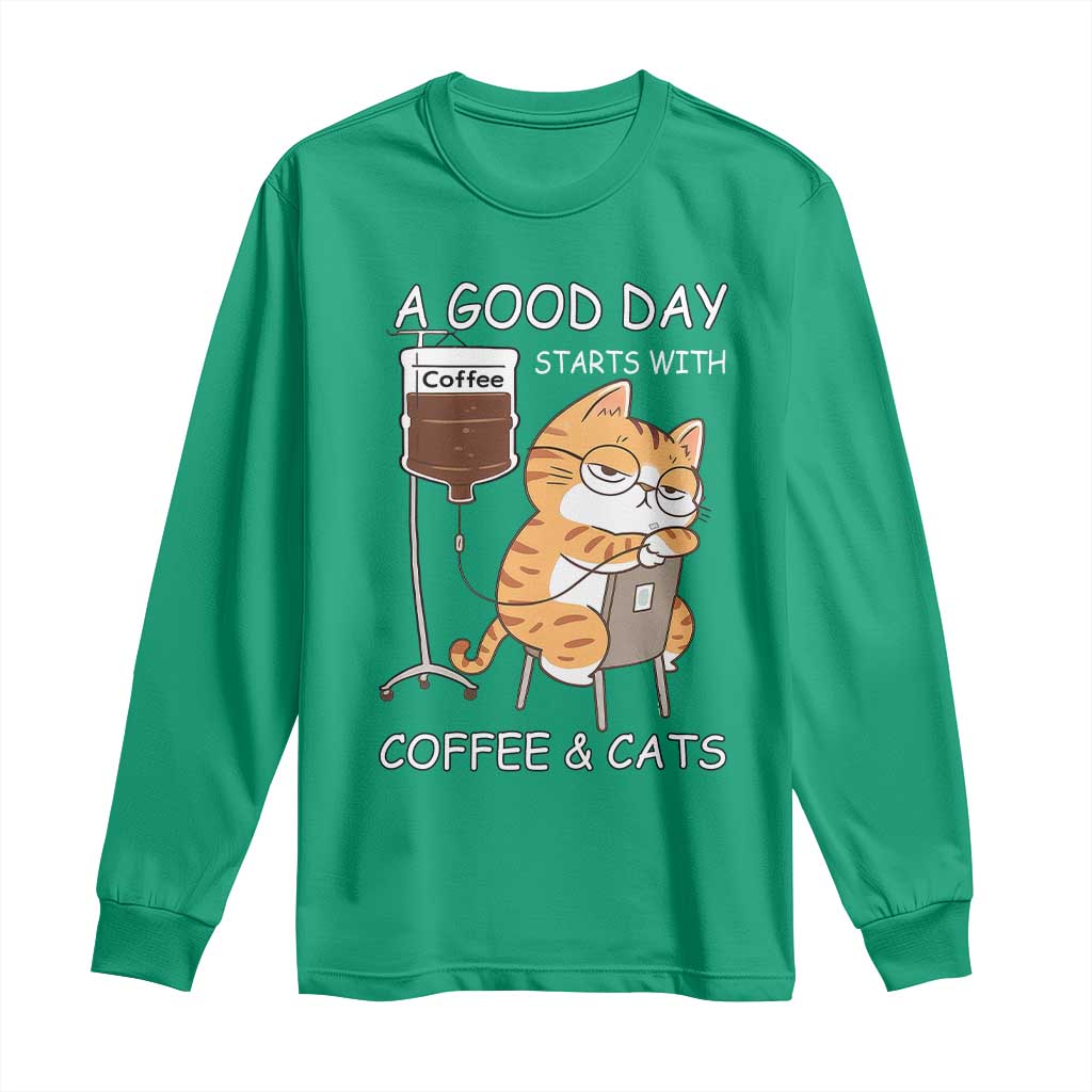 A Good Day Starts With Coffee And Cats Long Sleeve Shirt Funny Purrfect Morning - Wonder Print Shop