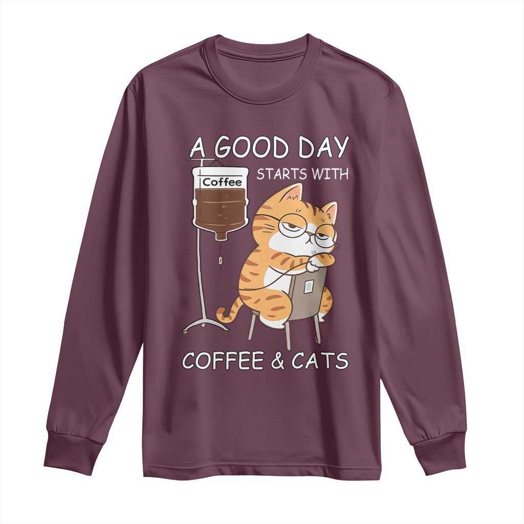 A Good Day Starts With Coffee And Cats Long Sleeve Shirt Funny Purrfect Morning - Wonder Print Shop