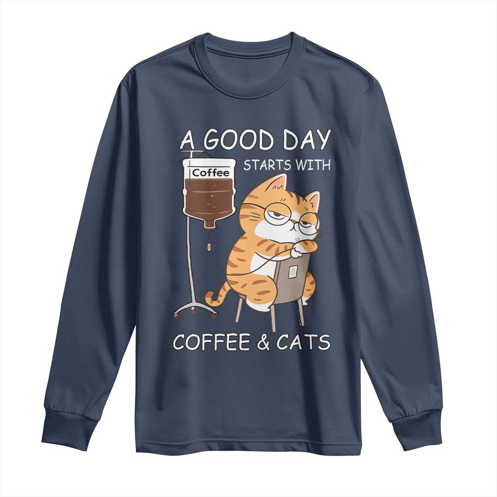 A Good Day Starts With Coffee And Cats Long Sleeve Shirt Funny Purrfect Morning - Wonder Print Shop