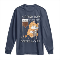 A Good Day Starts With Coffee And Cats Long Sleeve Shirt Funny Purrfect Morning - Wonder Print Shop