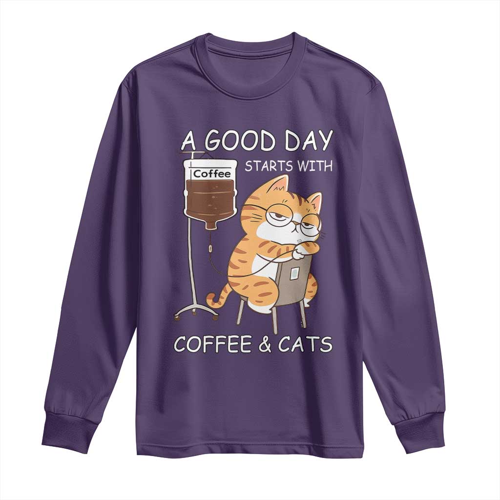 A Good Day Starts With Coffee And Cats Long Sleeve Shirt Funny Purrfect Morning - Wonder Print Shop
