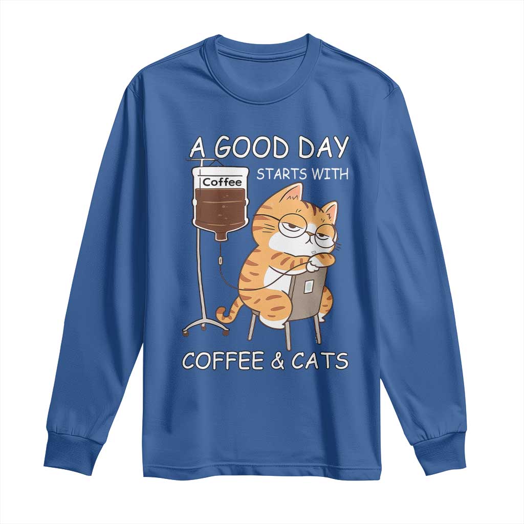 A Good Day Starts With Coffee And Cats Long Sleeve Shirt Funny Purrfect Morning - Wonder Print Shop