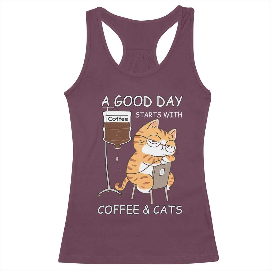 A Good Day Starts With Coffee And Cats Racerback Tank Top Funny Purrfect Morning - Wonder Print Shop