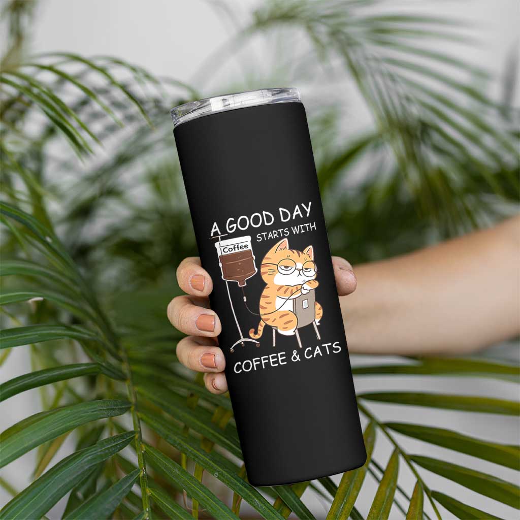 A Good Day Starts With Coffee And Cats Skinny Tumbler Funny Purrfect Morning