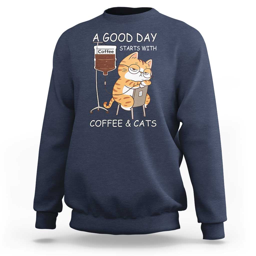 A Good Day Starts With Coffee And Cats Sweatshirt Funny Purrfect Morning - Wonder Print Shop