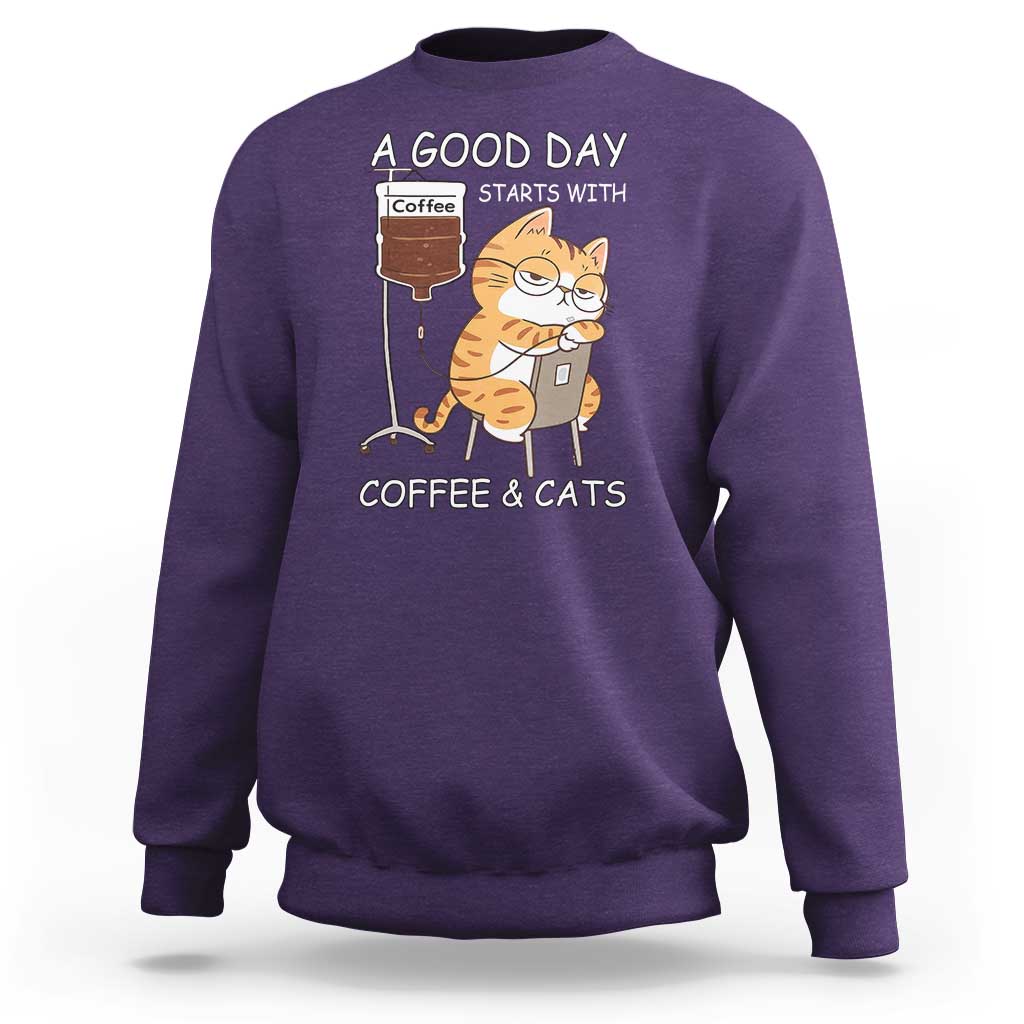 A Good Day Starts With Coffee And Cats Sweatshirt Funny Purrfect Morning - Wonder Print Shop