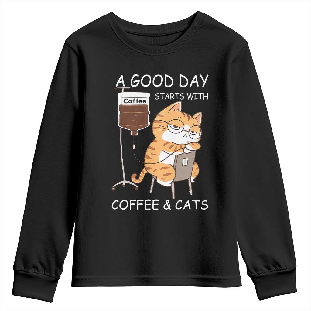 A Good Day Starts With Coffee And Cats Youth Sweatshirt Funny Purrfect Morning - Wonder Print Shop
