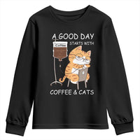 A Good Day Starts With Coffee And Cats Youth Sweatshirt Funny Purrfect Morning - Wonder Print Shop