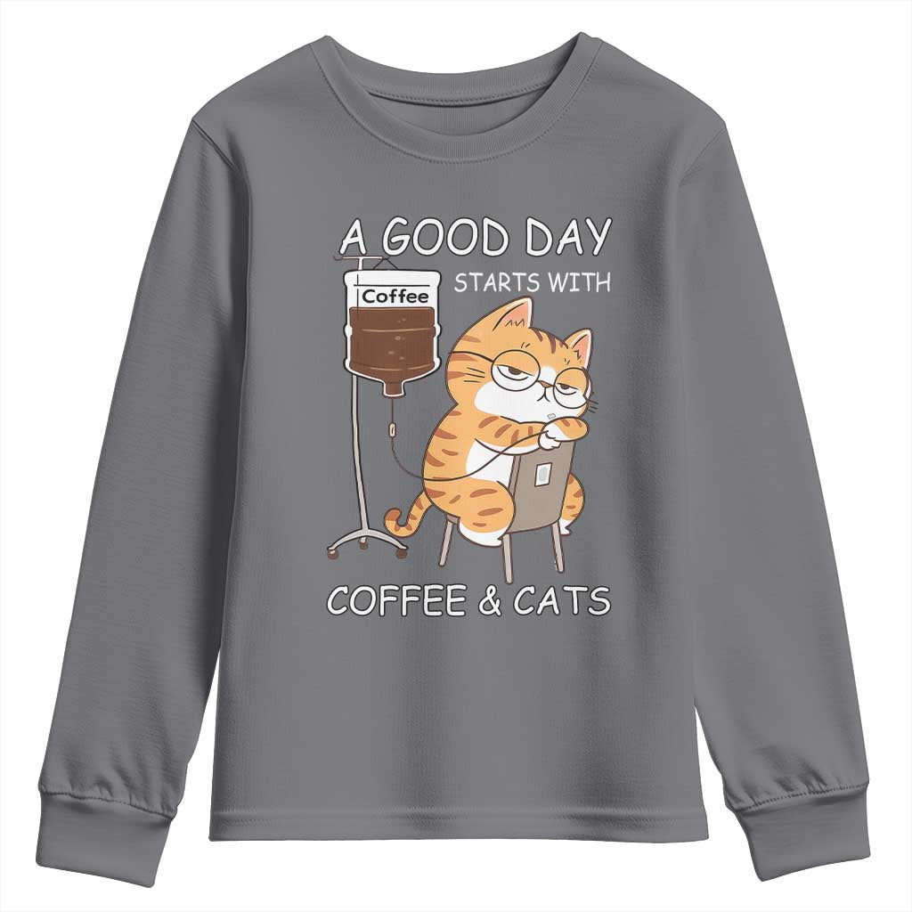 A Good Day Starts With Coffee And Cats Youth Sweatshirt Funny Purrfect Morning - Wonder Print Shop