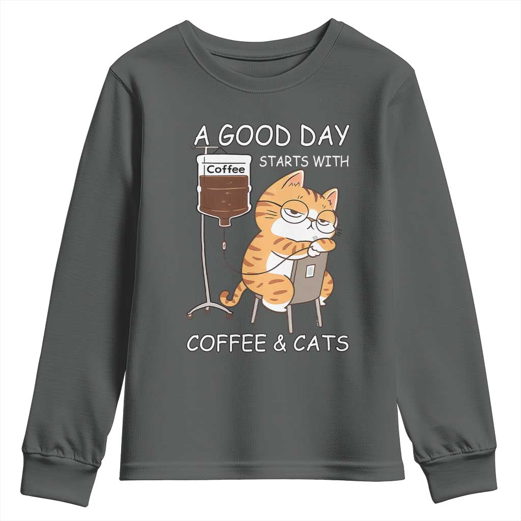 A Good Day Starts With Coffee And Cats Youth Sweatshirt Funny Purrfect Morning - Wonder Print Shop