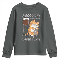 A Good Day Starts With Coffee And Cats Youth Sweatshirt Funny Purrfect Morning - Wonder Print Shop